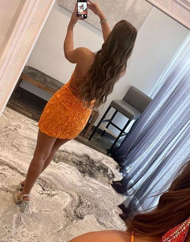 Orange Spaghetti Straps Bodycon Homecoming Dress With Appliques