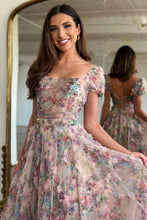 Load image into Gallery viewer, A-Line Square Neck Cap Sleeves Long Print Tulle Prom Dress With Beading