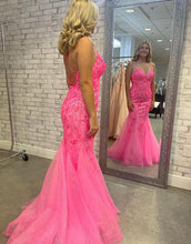 Load image into Gallery viewer, Pink Spaghetti Straps Corset Back Tulle Prom Dress With Appliques