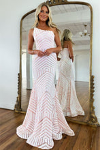 Load image into Gallery viewer, Sparkly Sequin One Shoulder Pink Long Mermaid Corset Prom Dress
