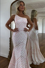 Load image into Gallery viewer, Sparkly Sequin One Shoulder Pink Long Mermaid Corset Prom Dress