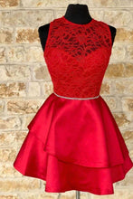 Load image into Gallery viewer, Red A-linec Satin And Lace Homecoming Dress With Belt