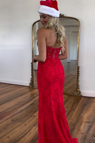 Red Mermaid Deep V-Neck Long Lace Prom Dress With Split