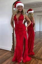 Load image into Gallery viewer, Red Mermaid Deep V-Neck Long Lace Prom Dress With Split
