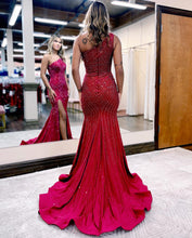 Load image into Gallery viewer, Red Mermaid One Shoulder Prom Dress With Split