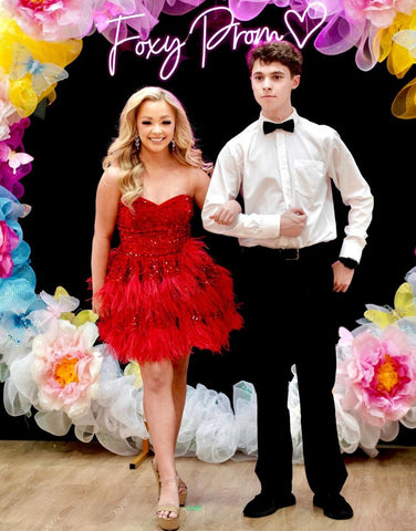 Red Sequin Strapless Short Homecoming Dress With Feather