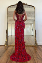 Load image into Gallery viewer, Red Sparkly Spaghetti Straps Lace Up Long Corset Prom Dress With Split