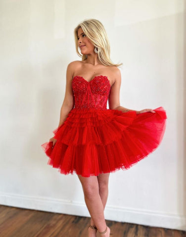Red Sweetheart A-Line Short Tulle Homecoming Dress