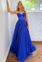 Load image into Gallery viewer, A-Line Sweetheart Long Tulle Royal Blue Prom Dress With Appliques