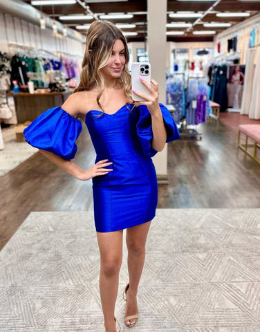 Royal Blue Bodycon Homecoming Dress with Puff Sleeves