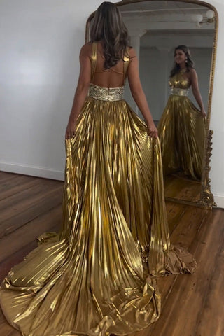 Shiny Gold A-Line Keyhole Back Long Prom Dress With Beaded Belt
