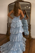 Load image into Gallery viewer, Shiny Light Blue A-Line Halter Backless Long Tulle Prom Dress With Split