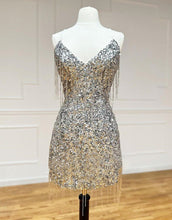 Load image into Gallery viewer, Silver V-Neck Glitter Sequin Homecoming Dress With Fringe