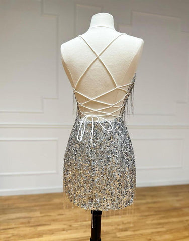 Silver V-Neck Glitter Sequin Homecoming Dress With Fringe