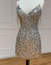 Load image into Gallery viewer, Silver V-Neck Glitter Sequin Homecoming Dress With Fringe