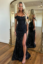 Load image into Gallery viewer, Sparkly Black Off The Shoulder Long Corset Prom Dress With Split