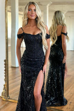 Load image into Gallery viewer, Sparkly Black Off The Shoulder Long Corset Prom Dress With Split