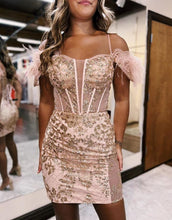 Load image into Gallery viewer, Sparkly Bodycon Off The Shoulder Short Homecoming Dress With Feather