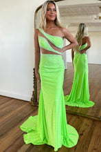Load image into Gallery viewer, Sparkly Green One Shoulder Long Corset Prom Dress With Beading