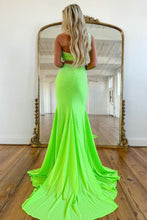 Load image into Gallery viewer, Sparkly Green One Shoulder Long Corset Prom Dress With Beading