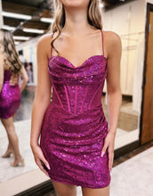 Load image into Gallery viewer, Sparkly Hot Pink Spaghetti Straps Short Tight Homecoming Dress