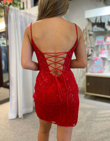 Sparkly Red Spaghetti Straps Corset Back Lace Homecoming Dress