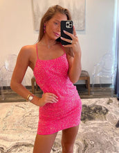 Load image into Gallery viewer, Sparkly Sequin Hot Pink Spaghetti Straps Tight Homecoming Dress