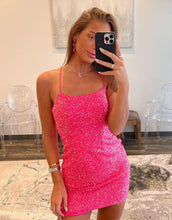Load image into Gallery viewer, Sparkly Sequin Hot Pink Spaghetti Straps Tight Homecoming Dress
