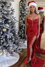 Load image into Gallery viewer, Sparkly Spaghetti Straps Lace Up Long Corset Prom Dress With Split