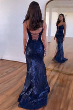 Load image into Gallery viewer, Sparkly Spaghetti Straps Lace Up Long Corset Prom Dress With Split