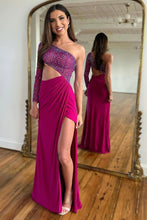 Load image into Gallery viewer, Stylish One Shoulder Long Sleeves Cutout Waist Beaded Prom Dress With Split