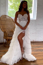 Load image into Gallery viewer, Cute A-Line Spaghetti Straps Long Tiered Glitter Prom Dress With Split