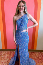 Load image into Gallery viewer, Two-Piece One Shoulder Sequined Prom Dress with Split