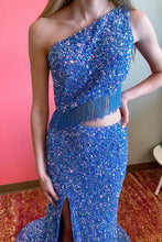 Load image into Gallery viewer, Two-Piece One Shoulder Sequined Prom Dress with Split