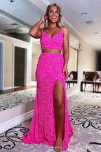 Load image into Gallery viewer, Two Piece Spaghetti Straps Hot Pink Sequins Long Prom Dress with Split Front