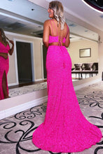 Load image into Gallery viewer, Two Piece Spaghetti Straps Hot Pink Sequins Long Prom Dress with Split Front