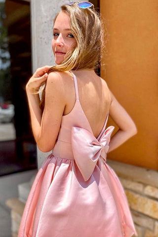Pink A-line Spaghetti Straps Homecoming Dress With Bowtie