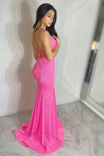Load image into Gallery viewer, Sheath Spaghetti Straps Hot Pink Sequins Long Prom Dress with Split Front