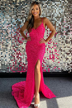 Load image into Gallery viewer, Mermaid Spaghetti Straps Hot Pink Sequins Long Prom Dress with Split Front
