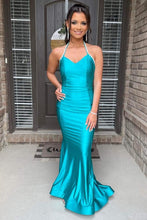 Load image into Gallery viewer, Mermaid Halter Green Long Prom Dress with Open Back