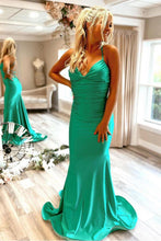 Load image into Gallery viewer, Mermaid Halter Neck Green Long Prom Dress with Criss Cross Back