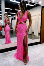 Load image into Gallery viewer, Sheath Deep V Neck Hot Pink Sequins Long Prom Dresses with Split Front