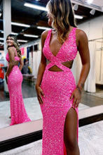 Load image into Gallery viewer, Sheath Deep V Neck Hot Pink Sequins Long Prom Dresses with Split Front