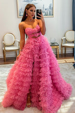 Load image into Gallery viewer, Blue Cute A-Line Sweetheart Long Tiered Tulle Prom Dress With Split