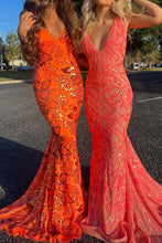 Load image into Gallery viewer, Coral Sparkly Mermaid V-Neck Long Tight Prom Party Dress