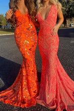 Load image into Gallery viewer, Coral Sparkly Mermaid V-Neck Long Tight Prom Party Dress