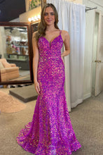 Load image into Gallery viewer, Sparkly Mermaid Purple Double Strapls Long Sequin Prom Dress