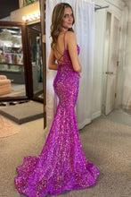 Load image into Gallery viewer, Sparkly Mermaid Purple Double Strapls Long Sequin Prom Dress