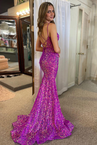 Sparkly Mermaid Purple Double Strapls Long Sequin Prom Dress