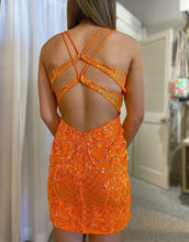 Load image into Gallery viewer, Bodycon Orange Criss-Cross Back Glitter Homecoming Dress